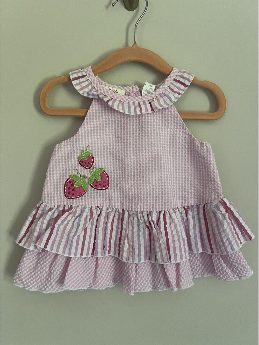 Vintage Little Bitty Pink Gingham Strawberry Applique Dress, 6-9M